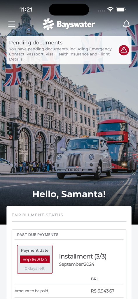 IBS Americas - Painel do aplicativo IBS Americas mostrando o status da inscrição, documentos de viagem pendentes e acompanhamento de pagamentos para um programa de estudante em Londres.