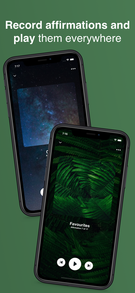 MindGarden: Daily Affirmations - Dos iPhones mostrando la interfaz de la aplicación MindGarden para grabar y reproducir afirmaciones diarias personales