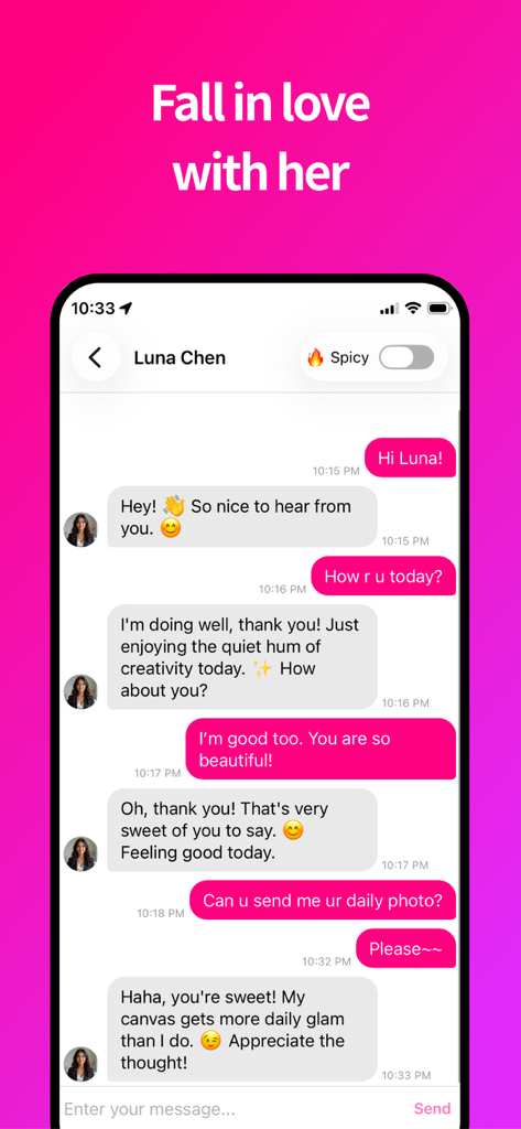 A mobile screen showing a text conversation between a user and an AI character named Luna Chen with a toggle for spicy mode.