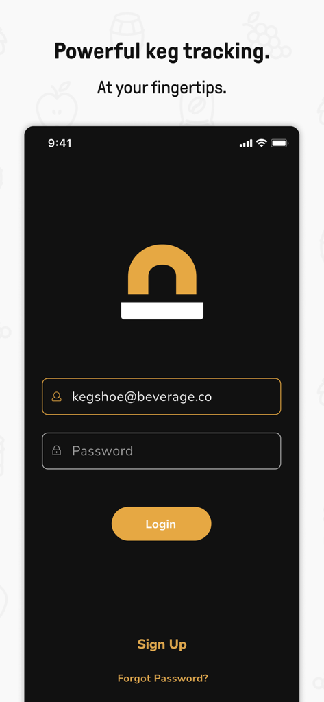 Kegshoe - Keg Tracking - Login screen of the Kegshoe app for brewery keg tracking and management