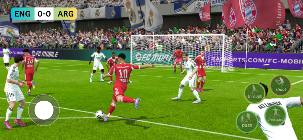Football League Gems - A soccer match gameplay screenshot showing a player taking a shot with on-screen controls for pass and shoot.