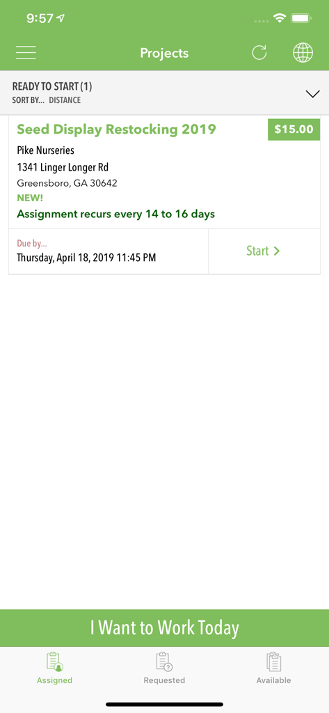 Survey Merchandiser mobile app interface showing a 15 dollar restocking project at Pike Nurseries