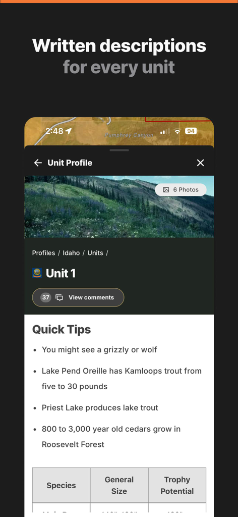 GOHUNT: Research & Maps - Perfil detalhado de unidade de caça no aplicativo GOHUNT mostrando fotos do terreno, dicas rápidas e dados de espécies.