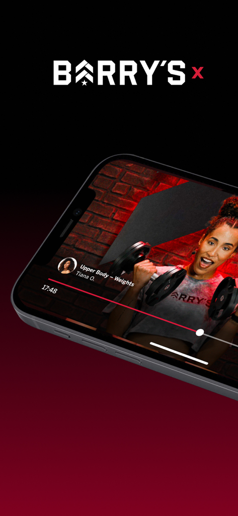 Barrys X mobile app interface showing a strength training workout video