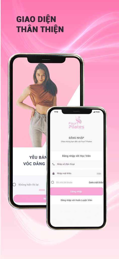 FourT Pilates - Zwei Mobiltelefone, die den Anmeldebildschirm der FourT Pilates App und die benutzerfreundliche Willkommensseite zeigen