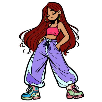 girl in baggy pants crop top and long hair
