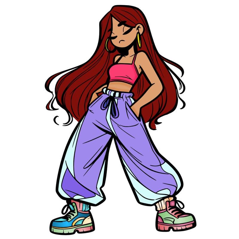 girl in baggy pants crop top and long hair