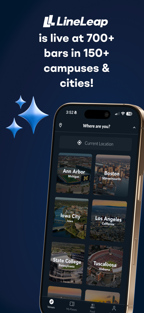 LineLeap - LineLeap app interface showing available cities and campuses for bar fast passes