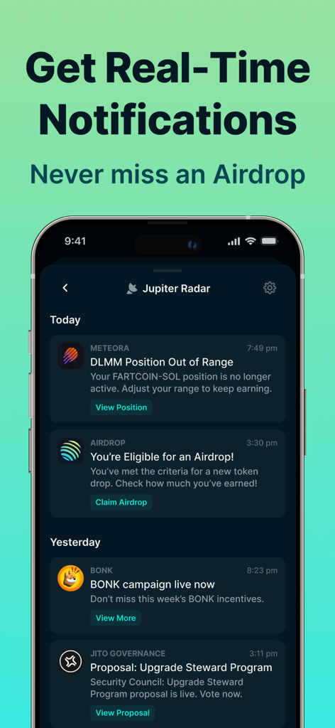 Jupiter Mobile app interface displaying real-time crypto notifications and airdrop alerts