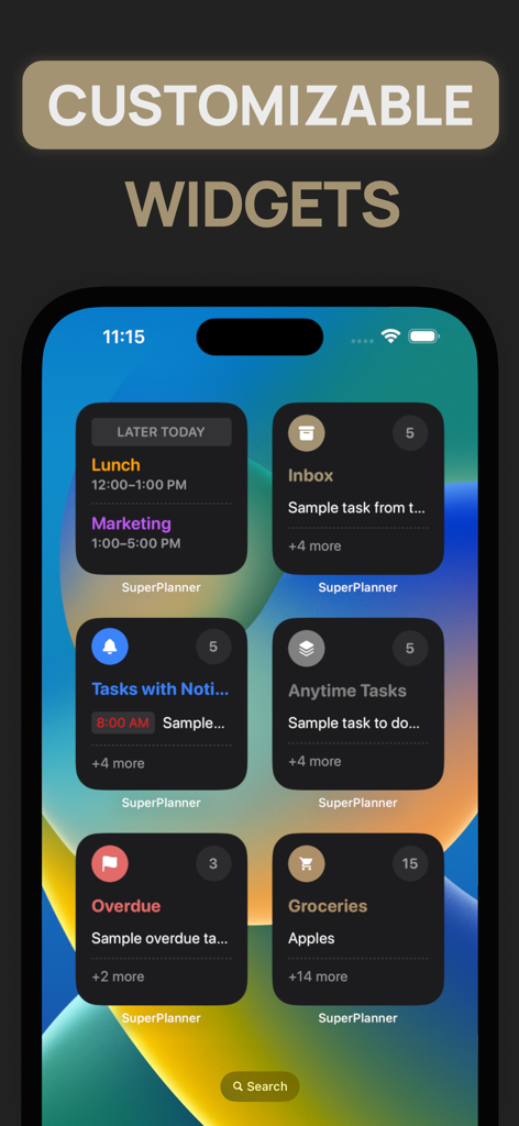 SuperPlanner: Daily Planner - An iPhone home screen displaying multiple customizable SuperPlanner widgets for daily schedules tasks and grocery lists