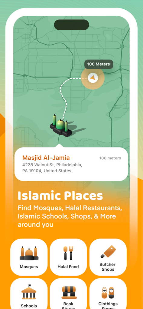 Map interface of the Muslim and Quran app showing nearby mosques and halal restaurants.