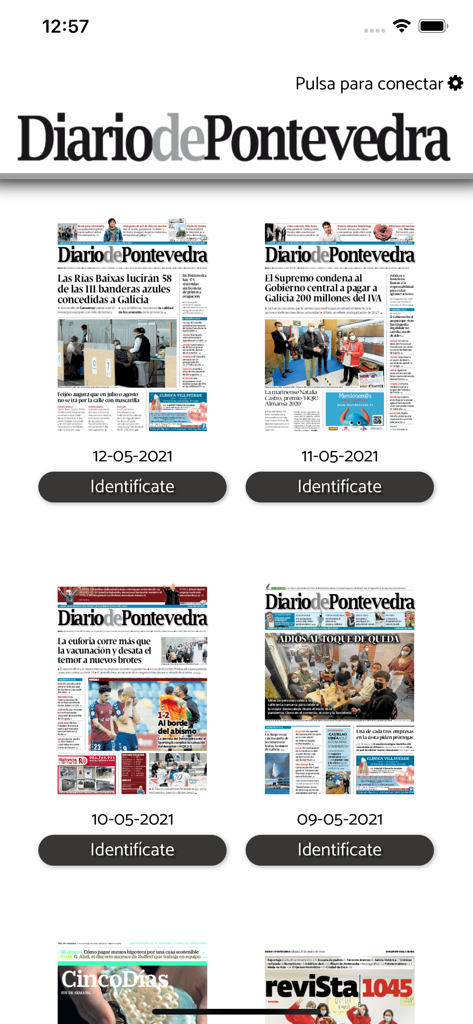 Kiosco Diario de Pontevedra - Digital kiosk interface showing various past editions of the Diario de Pontevedra newspaper with front page thumbnails and dates