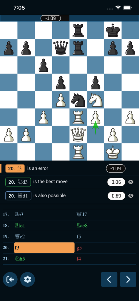 SimpleChess - chess game - Pantalla de la aplicación móvil para SimpleChess que muestra un análisis de partida de ajedrez con sugerencias de movimientos y evaluación del motor.