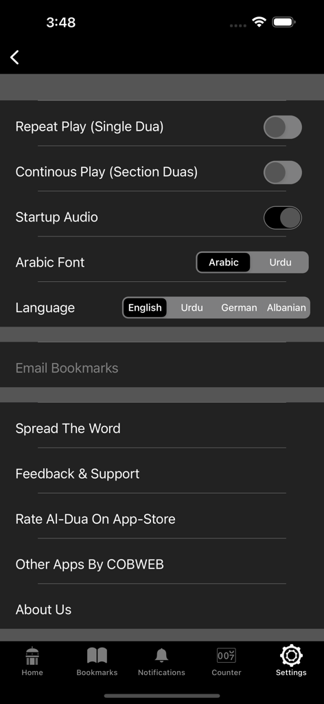 Al-Dua - Pantalla de configuración de la aplicación Al-Dua que muestra preferencias de audio y opciones de idioma