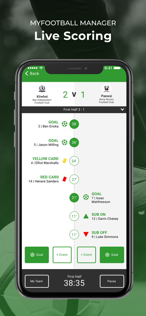 MyFootball Manager - MyFootball Manager app interface displaying a live soccer match timeline with goals yellow cards and substitutions