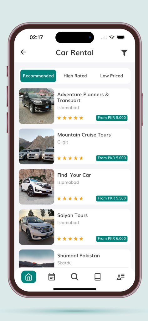 Porter Pakistan - Tela de aluguel de carros do aplicativo Porter Paquistão listando várias opções de SUV e preços