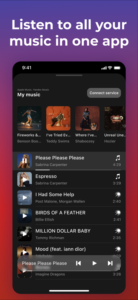 Transfer Music app screen showing a unified library of songs from multiple streaming platforms