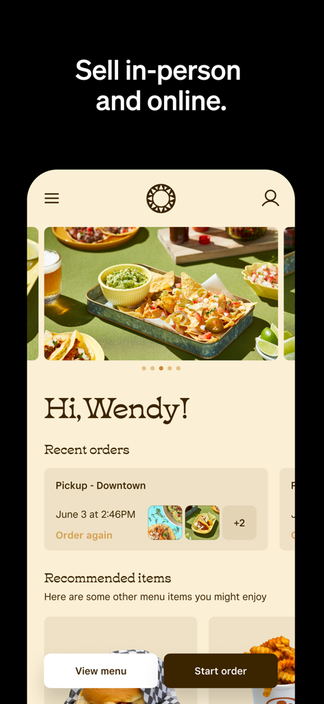Square Point of Sale app interface showing customer order history and menu items