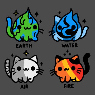 4 cats that represent the different elements, earth, water, air, and fire