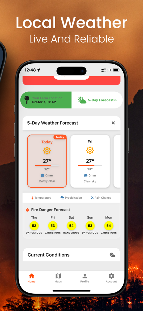 MAP DE FIRE - A mobile interface of the Map De Fire app showing local weather forecasts and fire danger alerts for farm managers