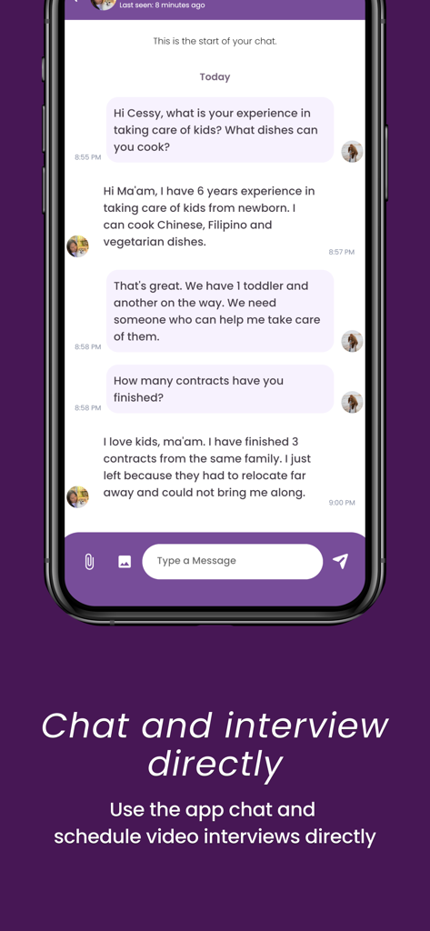 A mobile screen showing the chat and interview feature of the Ministry of Helpers app