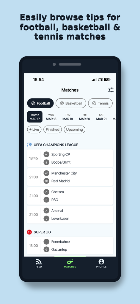 ProTipster: Betting Tips Feed - ProTipster mobile app interface showing football match schedules and betting tips for various leagues.