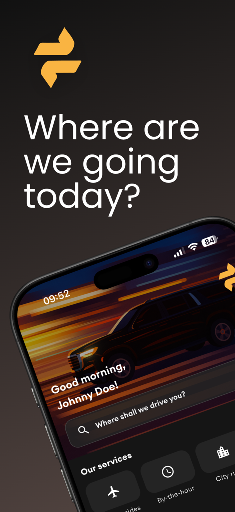 Transfeero mobile app home screen for booking professional chauffeur services