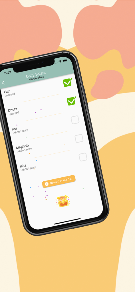 Interface of the 5te5 Prayer Tracker app showing a checklist of the five daily prayers with completed and pending tasks.
