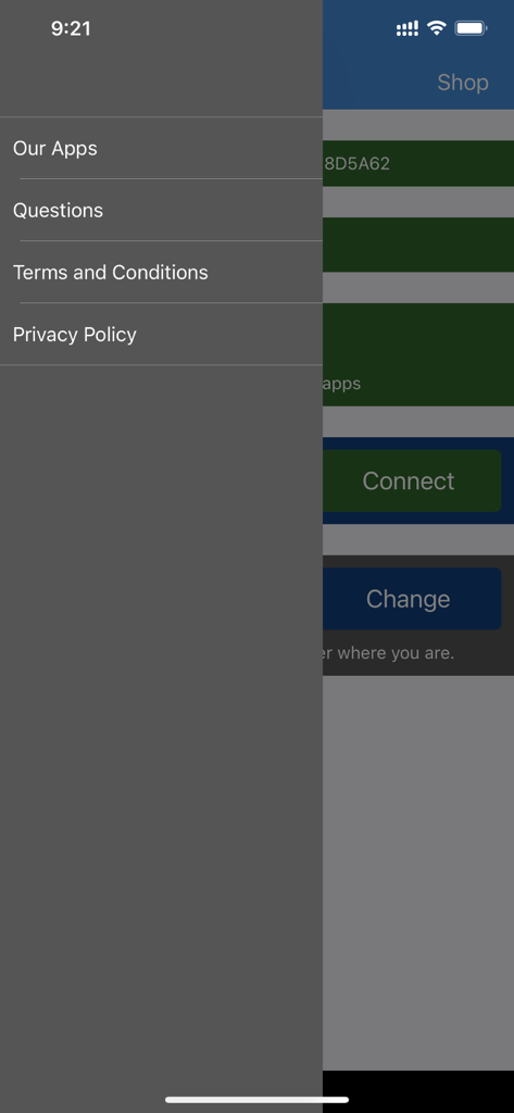 VPN Connect World-Fast Secure - VPN Connect Worldアプリのサイドメニューナビゲーション。プライバシーと利用規約のリンクが含まれています。