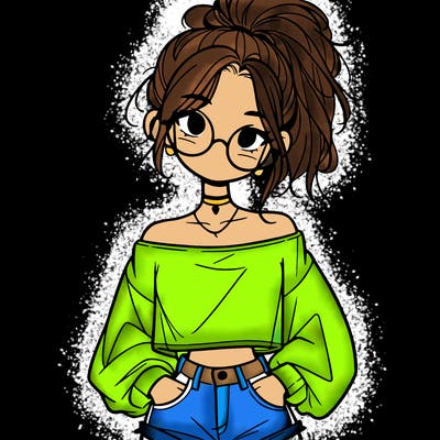 girl with a messy ponytail glasses a baggy crop top and jean shorts