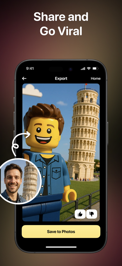 CloneAI app interface showing a real-life photo of a man transformed into a LEGO character style in front of the Leaning Tower of Pisa