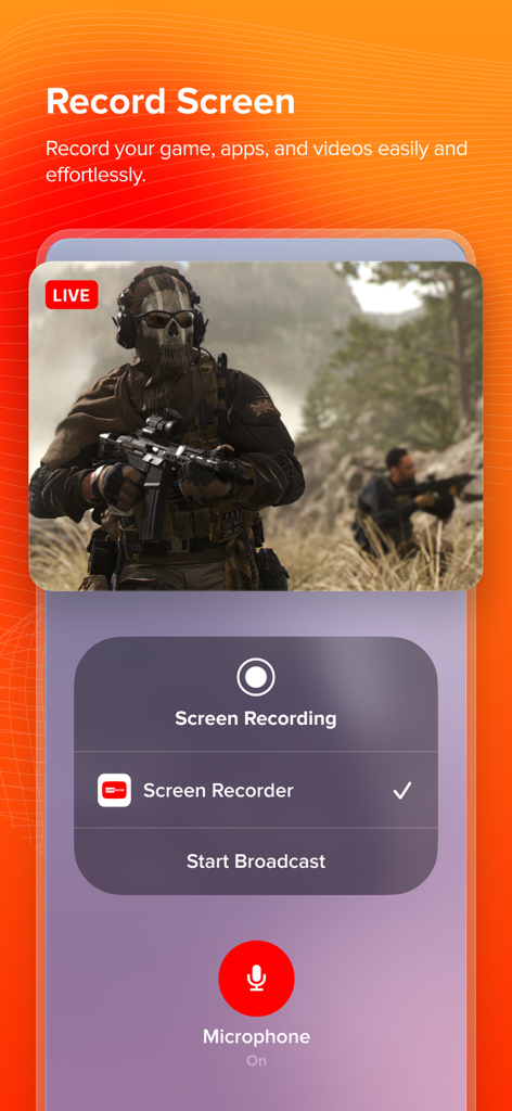 Live Now - Live Stream - Mobile screen showing the live screen recording interface for gaming with the microphone turned on
