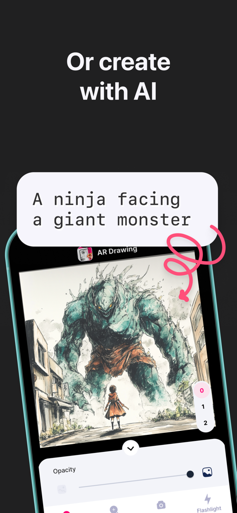 AR Drawing app interface showing an AI generated illustration from a text prompt of a ninja facing a giant monster.