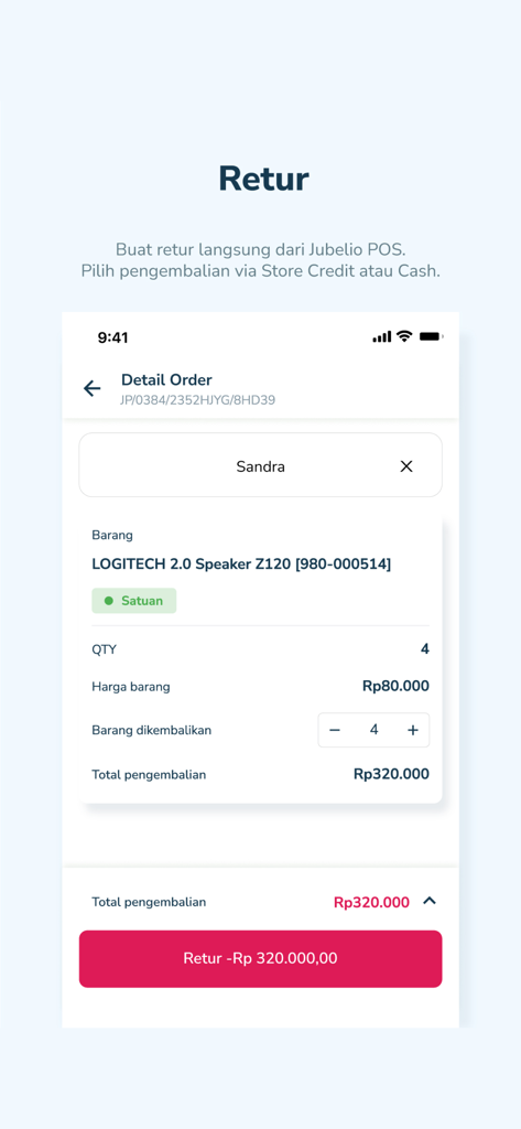 Jubelio POS - Jubelio POS app interface showing a product return and refund transaction.