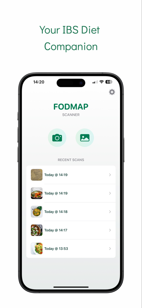 FODMAP Friendly AI Scanner - Home screen of the FODMAP Friendly AI Scanner app showing scan options and history