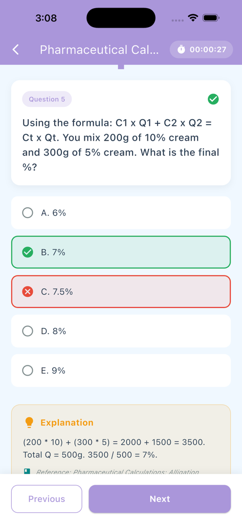 Ireland TCQR MCQ Prep - Practice question for pharmaceutical calculations in the Ireland TCQR MCQ Prep app showing detailed answer explanation