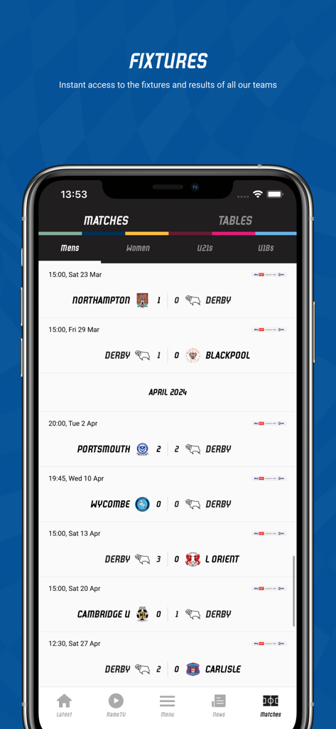 Derby County FC - Una pantalla de la app oficial del Derby County FC mostrando los partidos y resultados del primer equipo masculino.