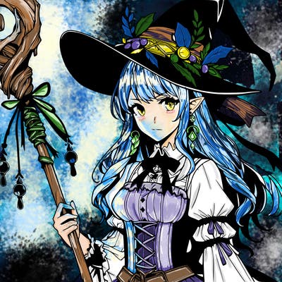 a realistic fantasy manga witch with a staff