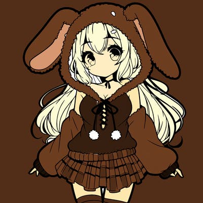pretty anime girl wearing a fluffy hoodie with bunny ears on the hood and a skirt