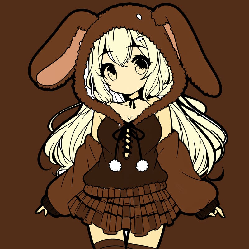 pretty anime girl wearing a fluffy hoodie with bunny ears on the hood and a skirt