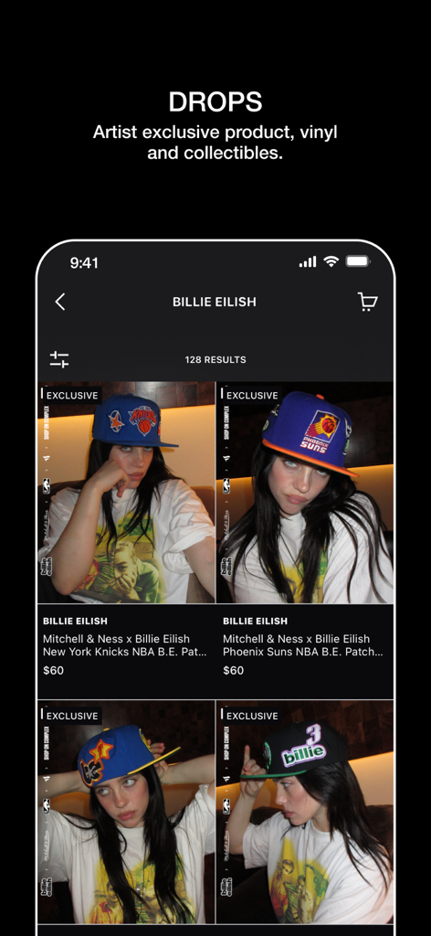 Complex app interface showing exclusive Billie Eilish merchandise drops