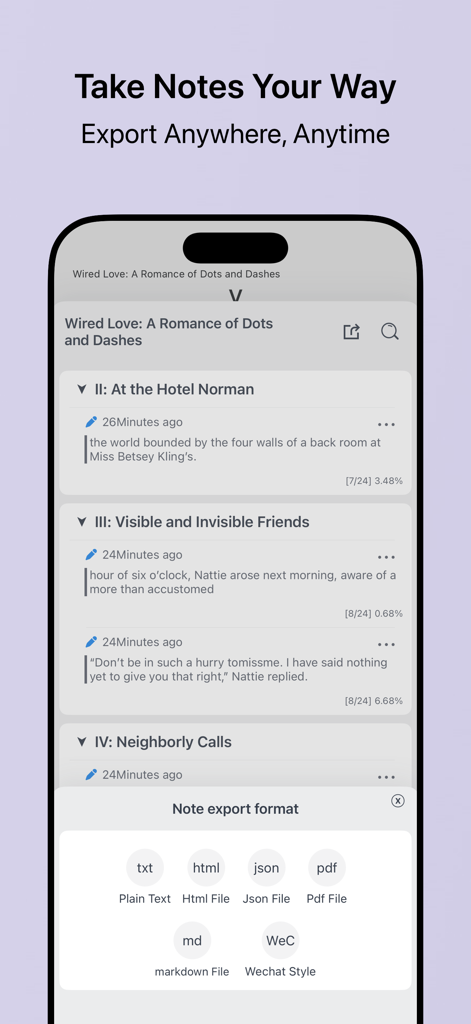 iReadNote - Interfaz de la aplicación iReadNote mostrando la gestión de notas y opciones de formato de exportación, incluyendo PDF, Markdown y JSON