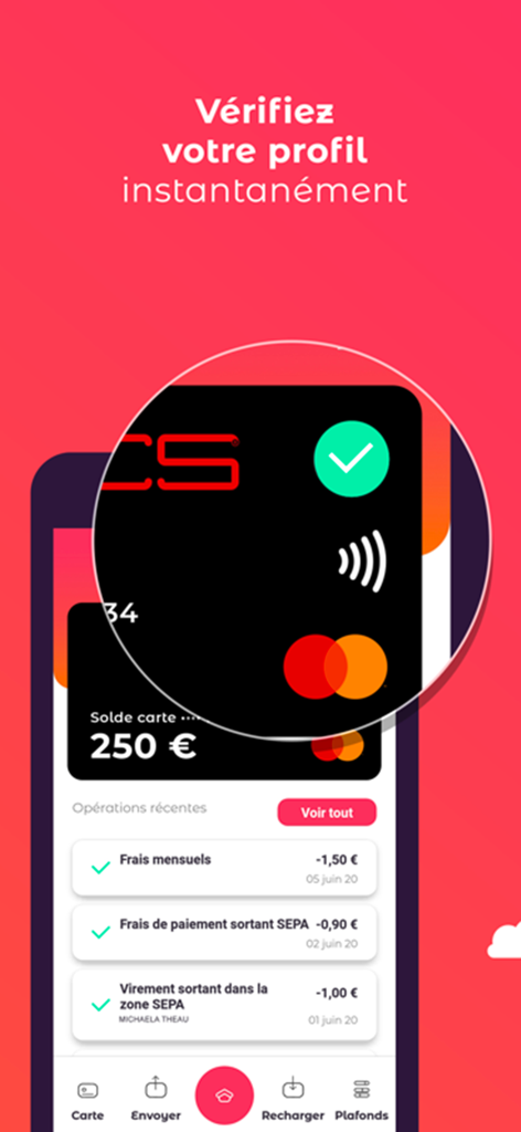 MyPCS app interface showing a black prepaid Mastercard with account balance and transaction history