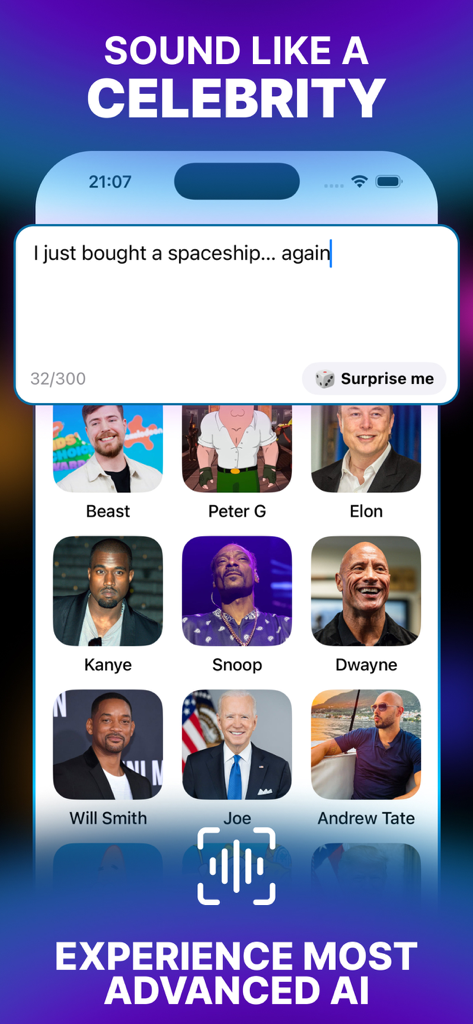Famedub－Voice Generator AI App - Interfaz de la aplicación Famedub mostrando un campo de texto para un guion y una selección de avatares de celebridades para la generación de voz con IA.