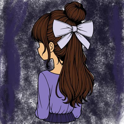 realistic girl  with hip length hair a bun and a big bow on the back of head