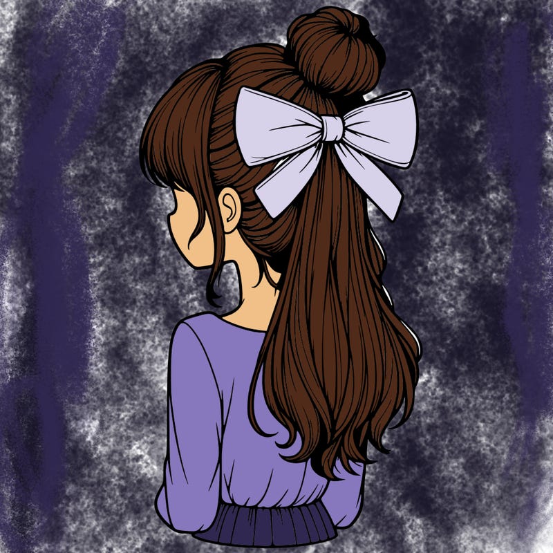 realistic girl  with hip length hair a bun and a big bow on the back of head