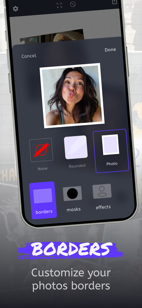 JamWall: Live collage - Interface for customizing photo borders in the JamWall collage app