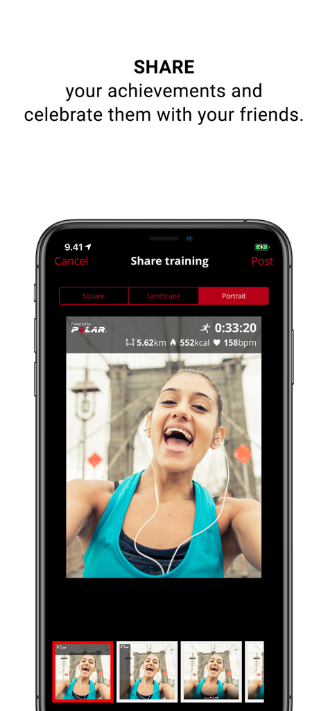 Polar Beat app screen showing a workout summary with photo and performance stats for social sharing
