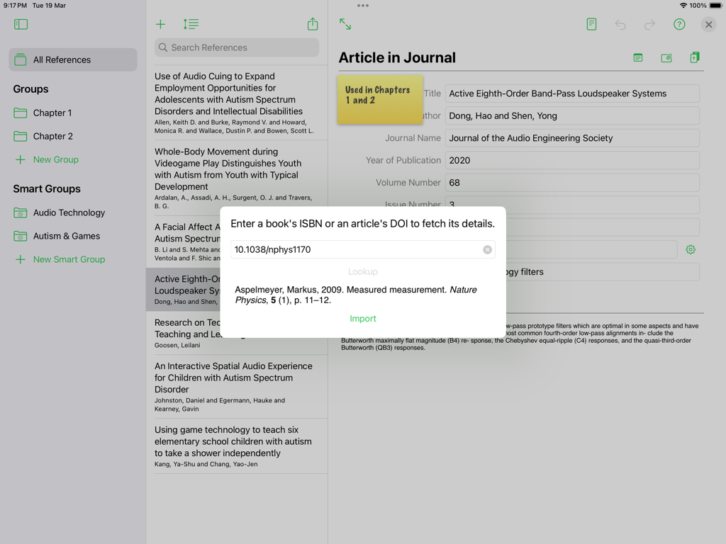 Reference Tracker - Reference Tracker app interface on iPad showing the publication lookup tool for DOI and ISBN