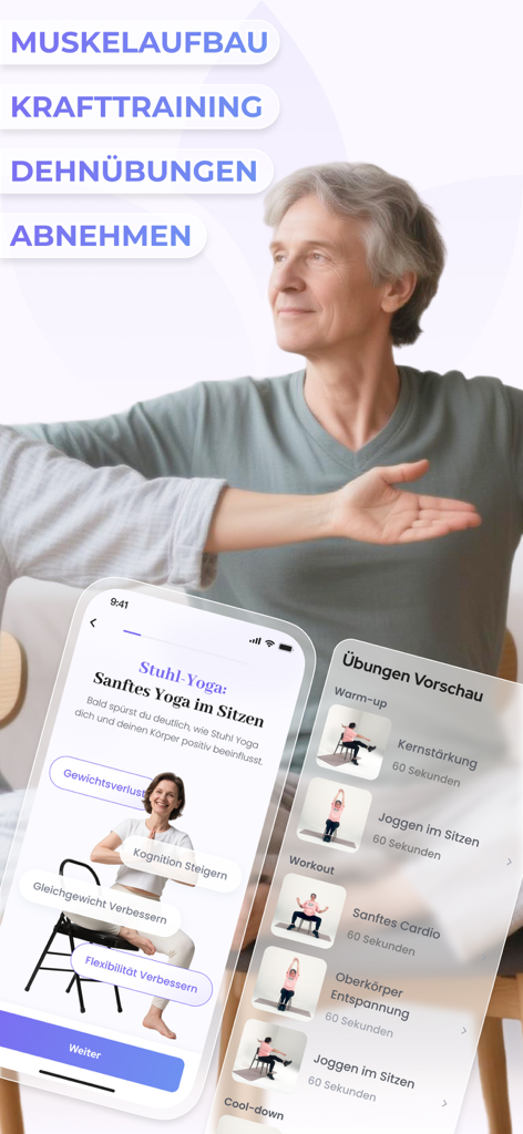 Fit 50+ : Workout & Stuhl Yoga - Mulher idosa praticando yoga sentada com prévias de treino no aplicativo móvel